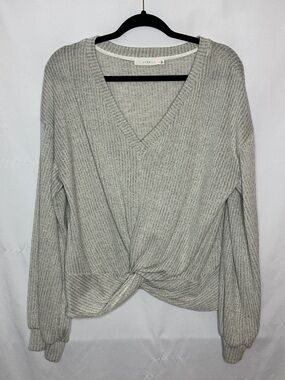 Lush Light Gray Ribbed V-Neck Twist Front Sweater